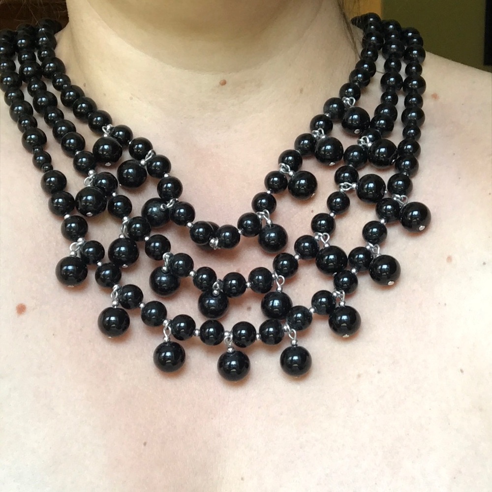 Black triple layer beaded necklace